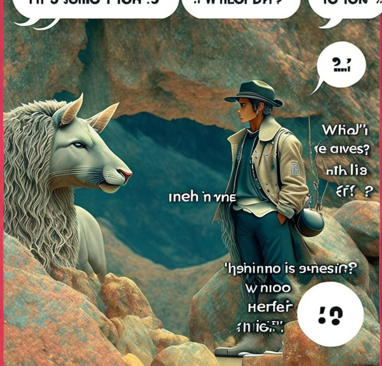 Person in hat and coat meets white anthropomorphic wolf on rocky terrain