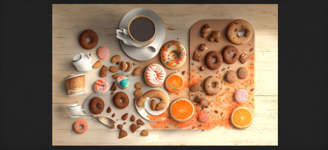 Assorted Doughnuts, Cookies, Oranges on Wooden Surface with Coffee