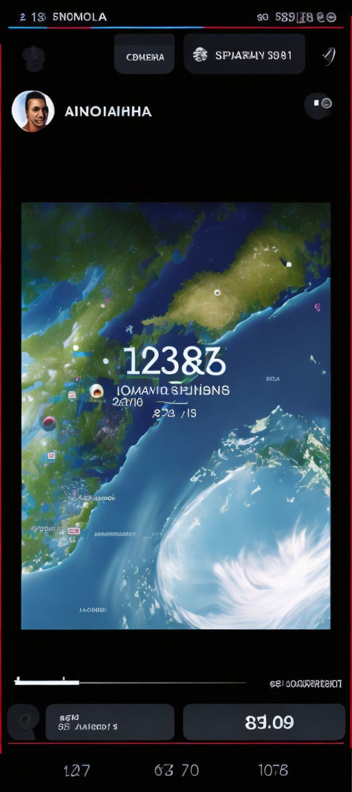 Mobile app screenshot: Earth satellite view with numbers and symbols for tracking or gaming.