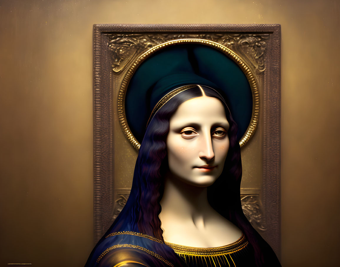 Portrait of Woman in Blue Garment with Gold Halo and Frame