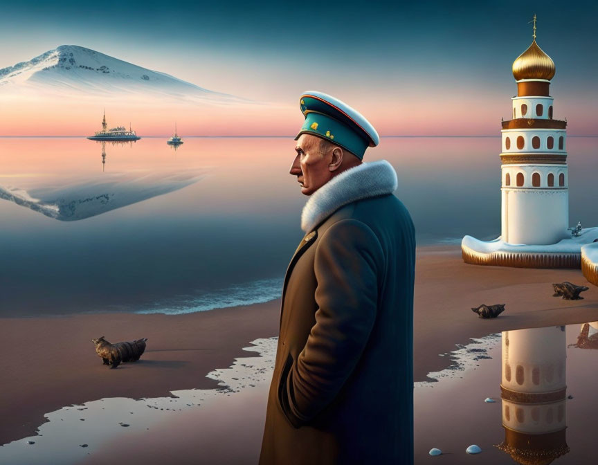 Person in Military Uniform Contemplating Surreal Landscape