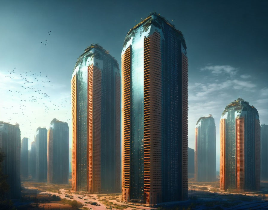 Modern skyscrapers with green terraces under a hazy sky and birds flying around.