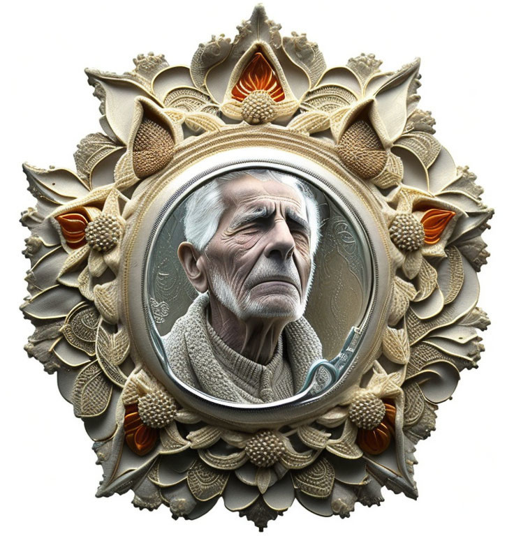 Ornate floral motif frames elderly man's face