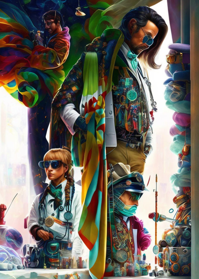 Four stylish individuals in colorful attire in a vibrant sci-fi scene