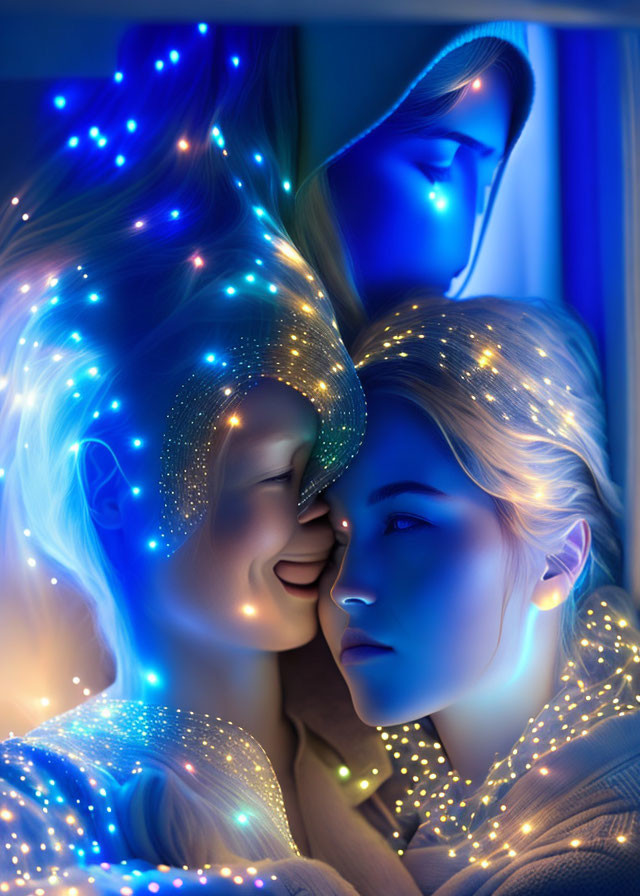 Close-up portrait of two individuals with glowing blue lights in their blonde hair