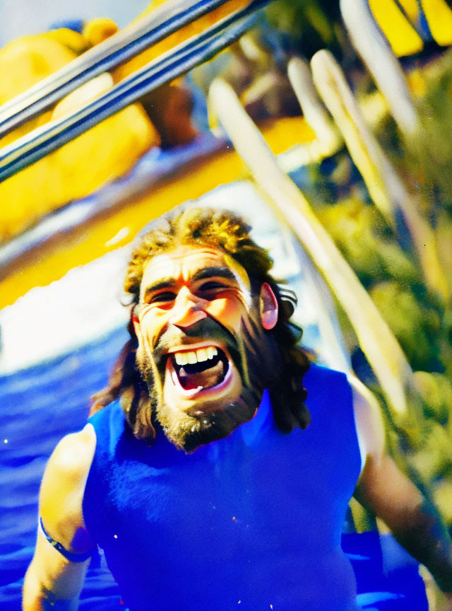 Man wearing comical mask on water slide.