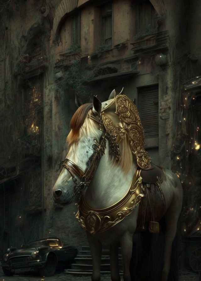 White horse in golden armor next to vintage car in dark alleyway