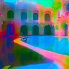 Surreal architectural interior with vibrant colors, arches, columns, and serene water reflection