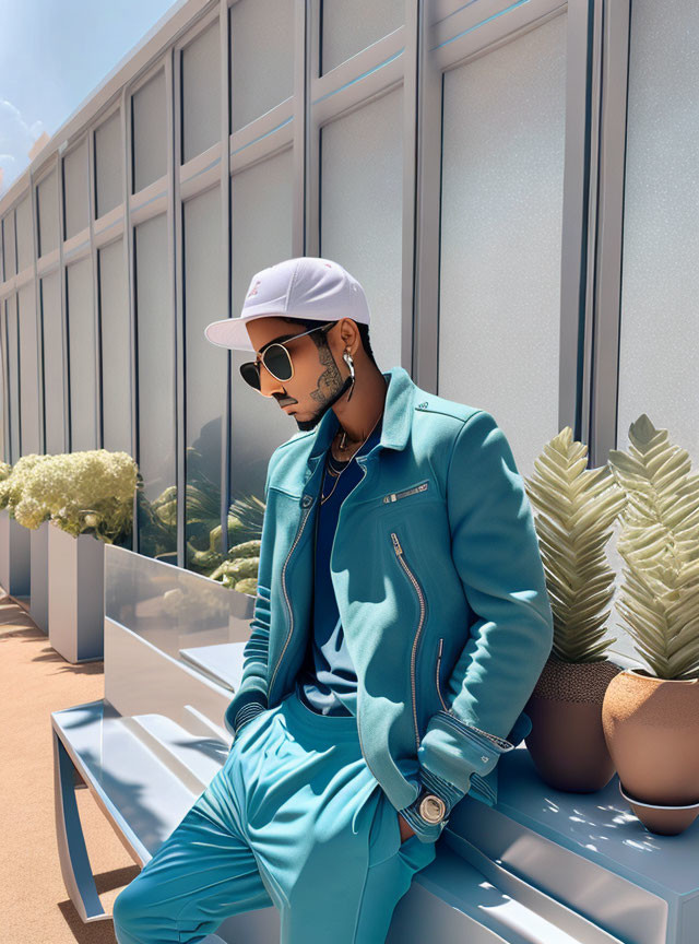 Fashionable person in turquoise tracksuit, cap, and tattoos sitting on bench