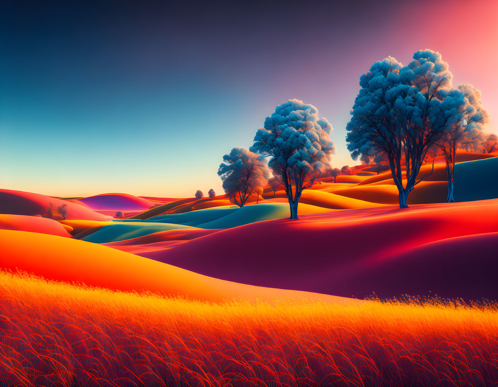 Colorful landscape with rolling hills and trees under a transitioning sky.