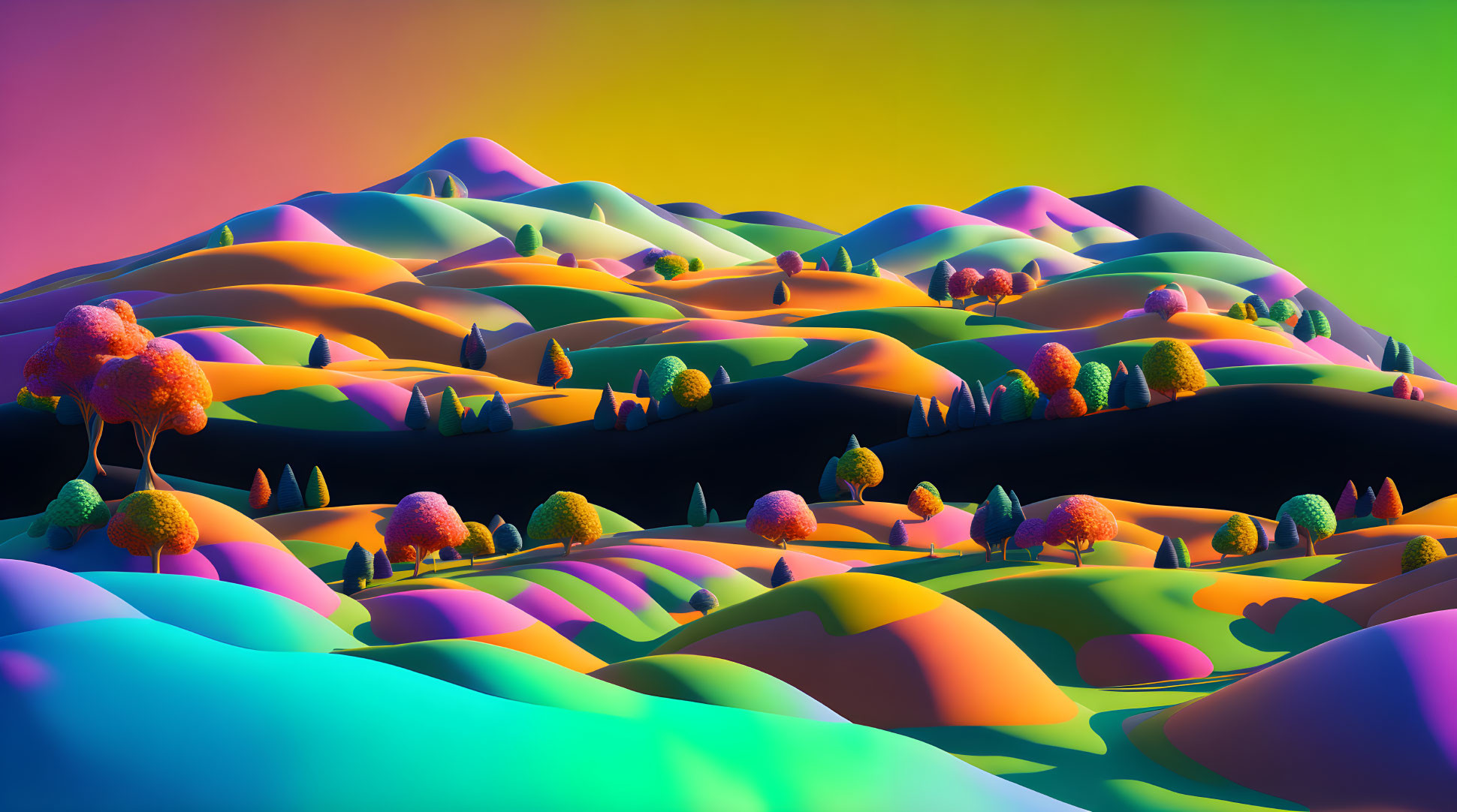 Multicolored hills and whimsical trees under a clear sky