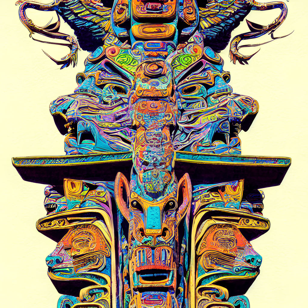 Colorful Digital Artwork of Stylized Totem Pole with Animal Faces