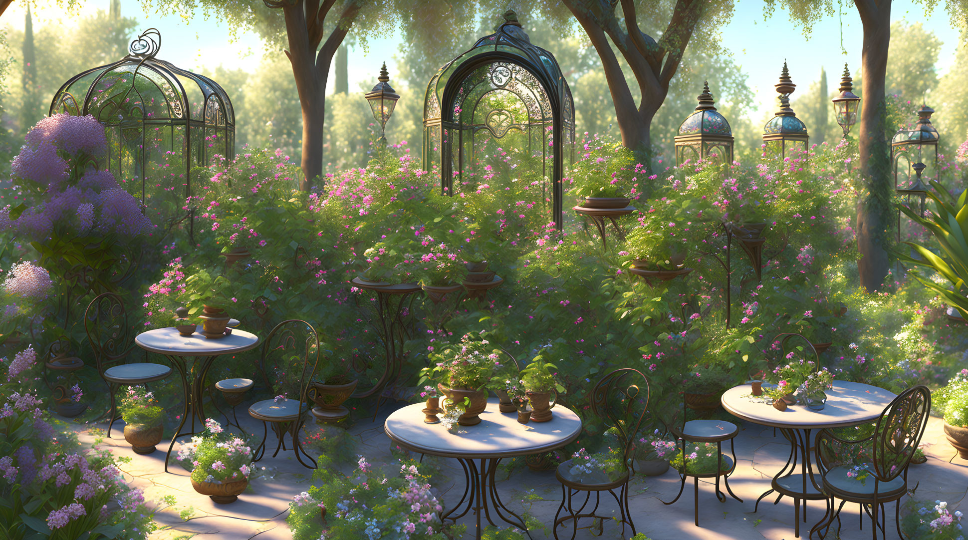 Tranquil garden café with lush greenery, purple flowers, birdcages, and iron furniture