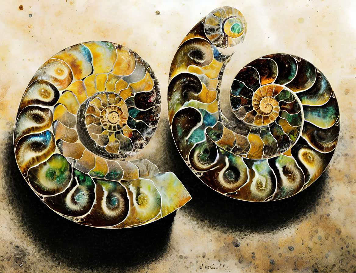 Abstract Digital Art: Golden Spiral Shells with Fractal Pattern