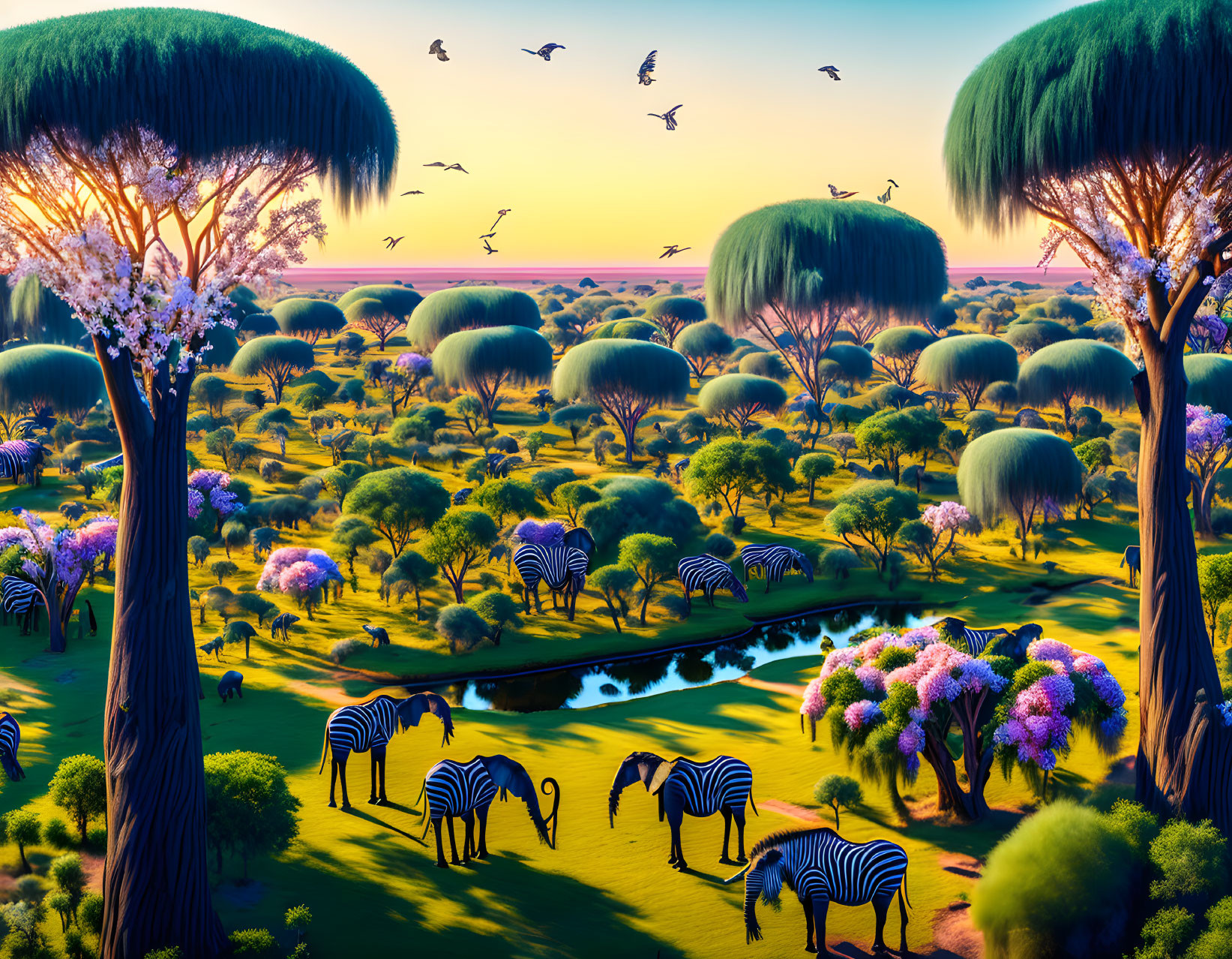 Savanna landscape with grazing zebras, diverse trees, river, and birds at sunset