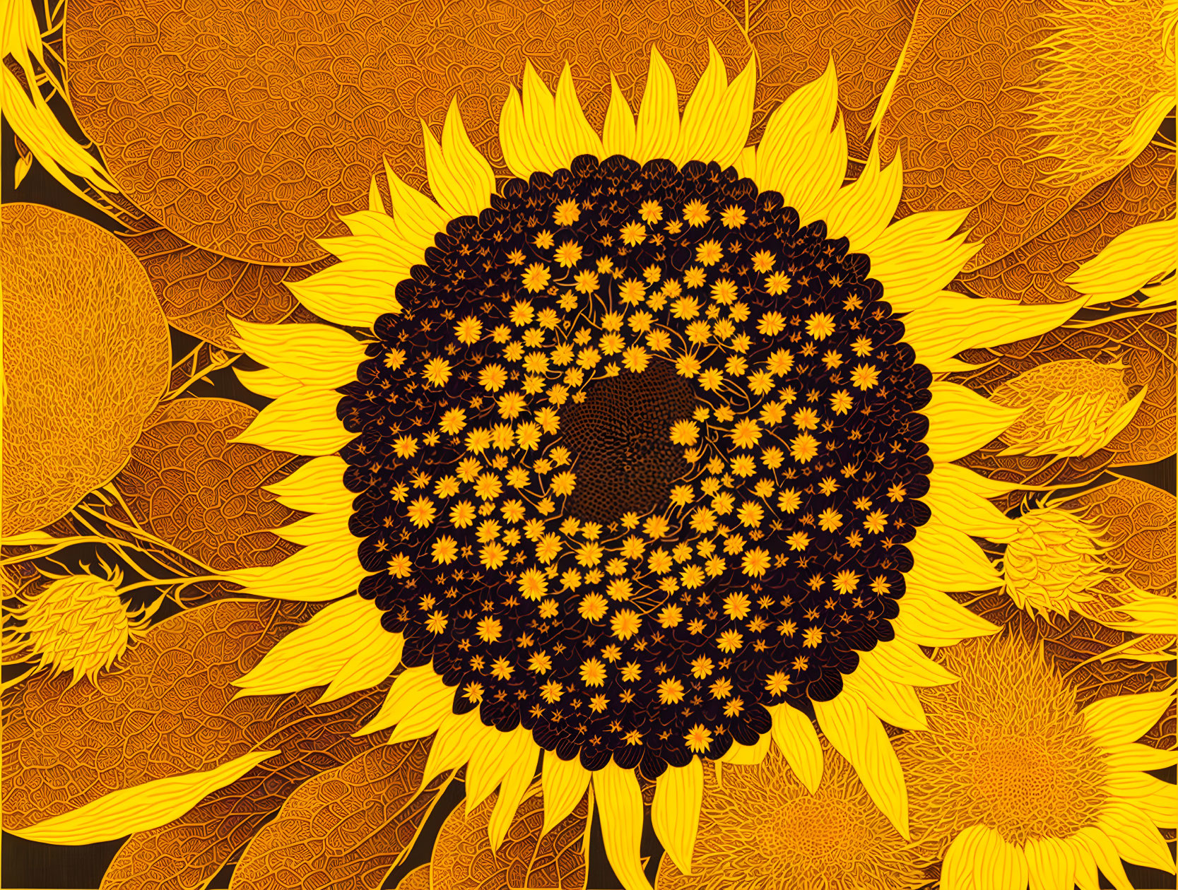 Stylized sunflower digital art with intricate patterns on dark orange background