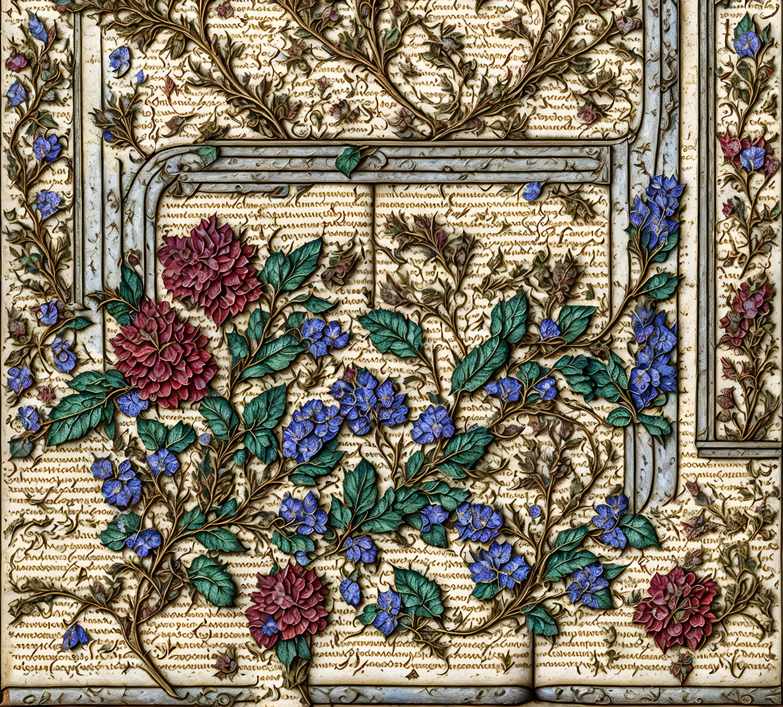 Detailed floral illustration with script overlay in red and blue flowers and green foliage.