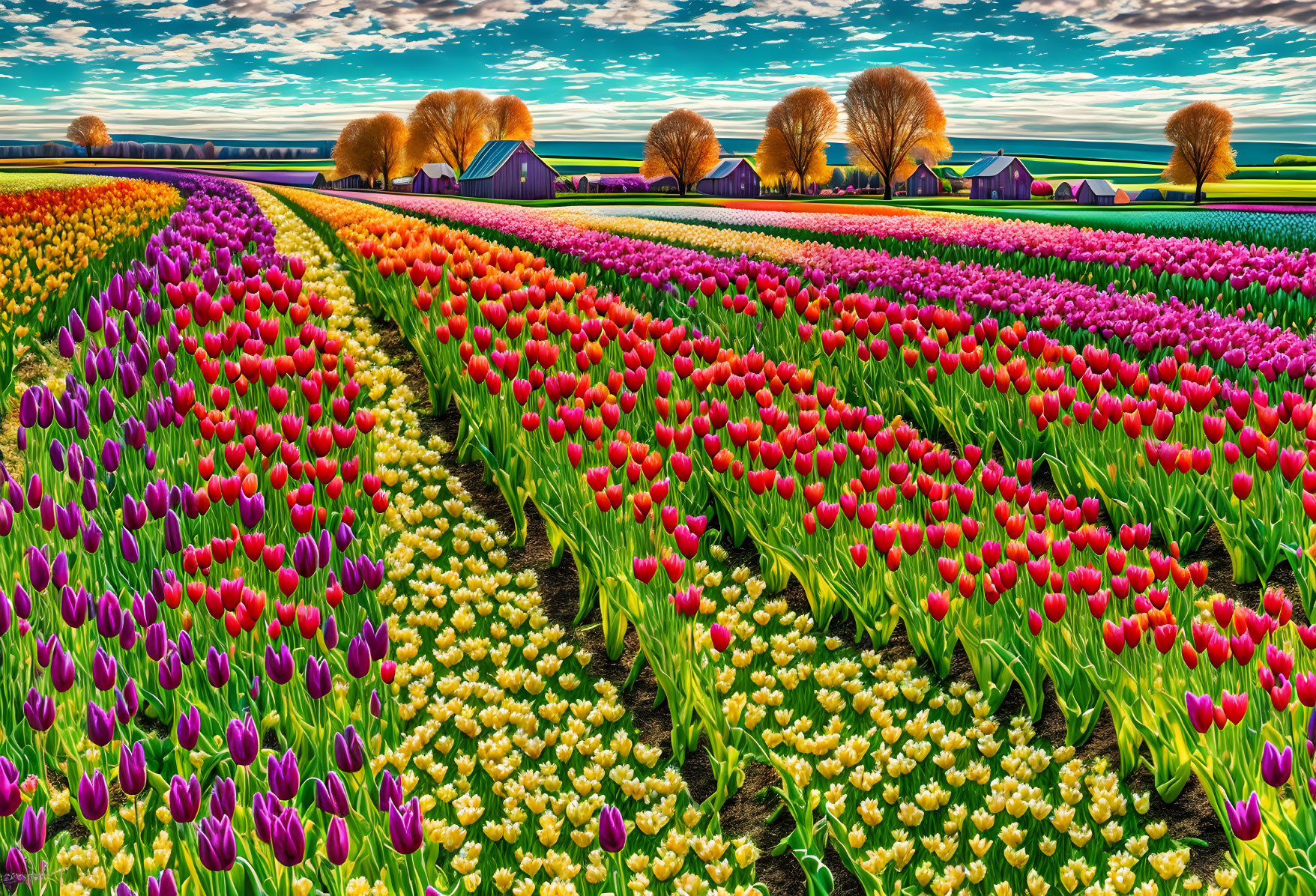 Colorful Tulip Field with Trees and Houses Under Blue Sky