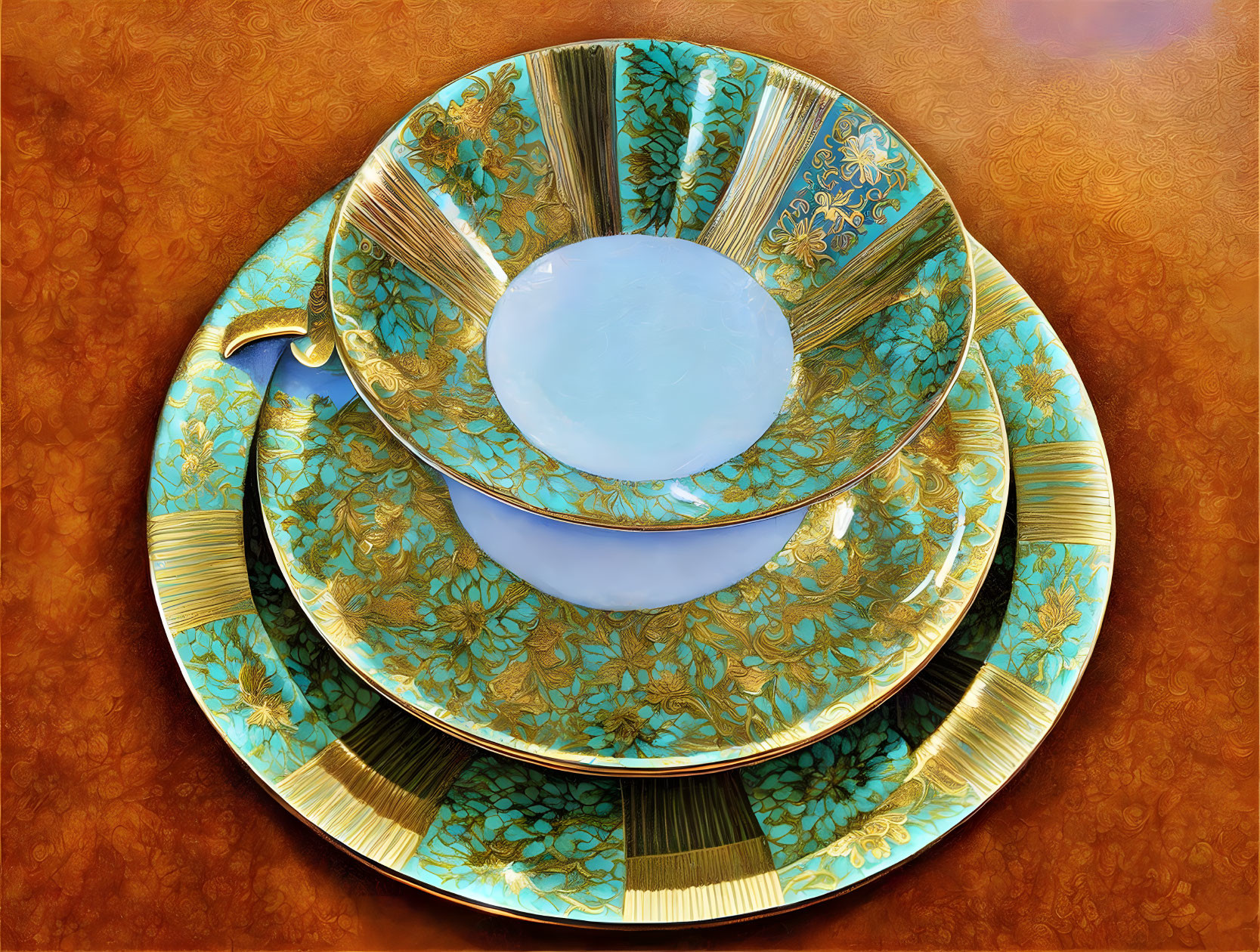 Gold and Turquoise Floral Tableware Set on Warm-Toned Surface