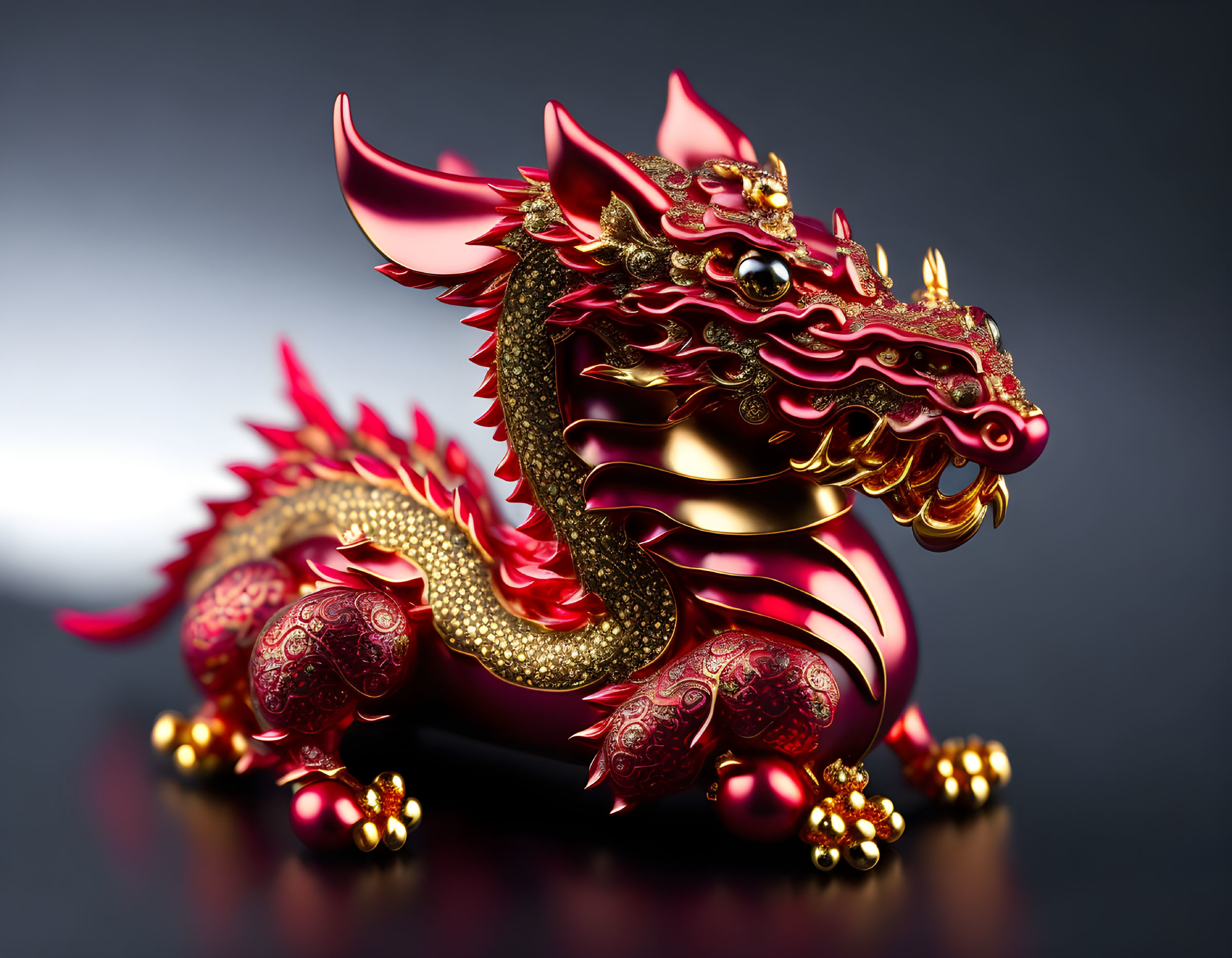 Golden dragon with red accents on dark surface