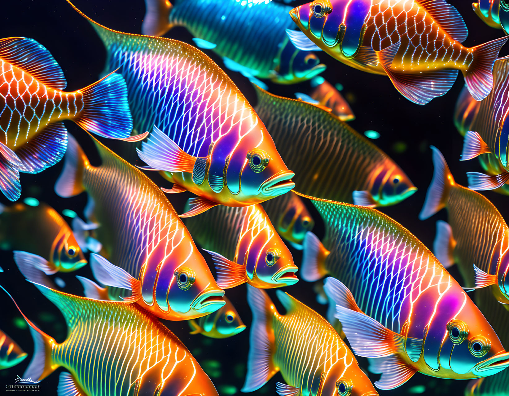 Digitally Illustrated Exotic Fish in Dark Aquatic Environment