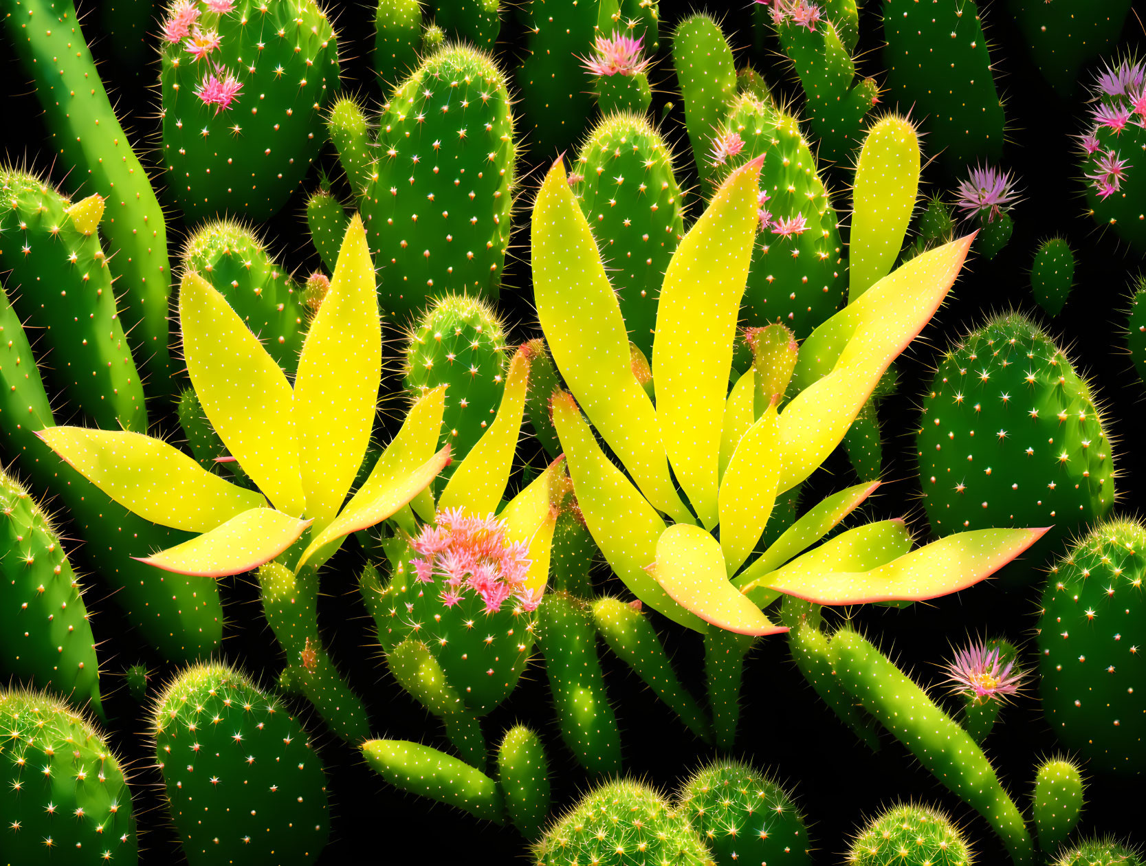 Glowing yellow cacti with pink flowers on dark backdrop