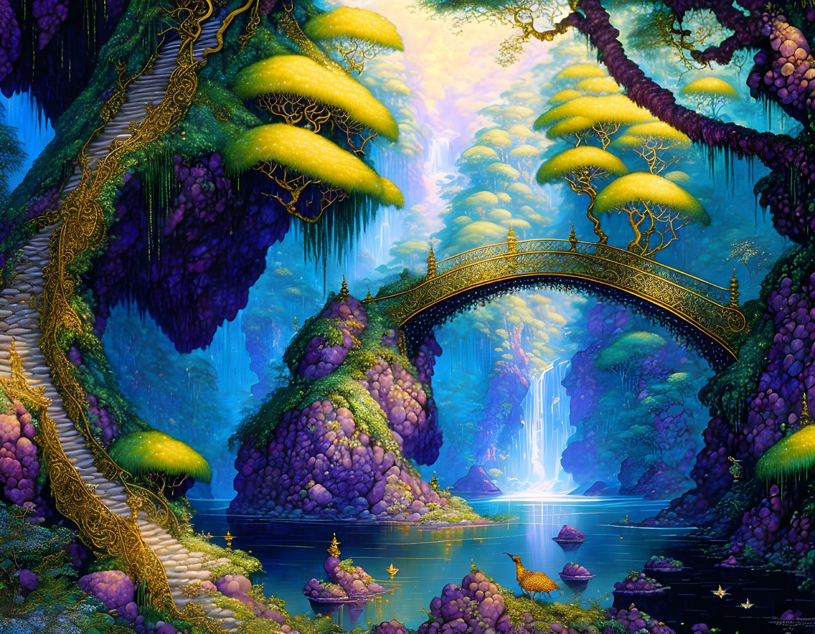 Fantastical landscape with luminous trees, stone bridge, waterfall, and vibrant flora