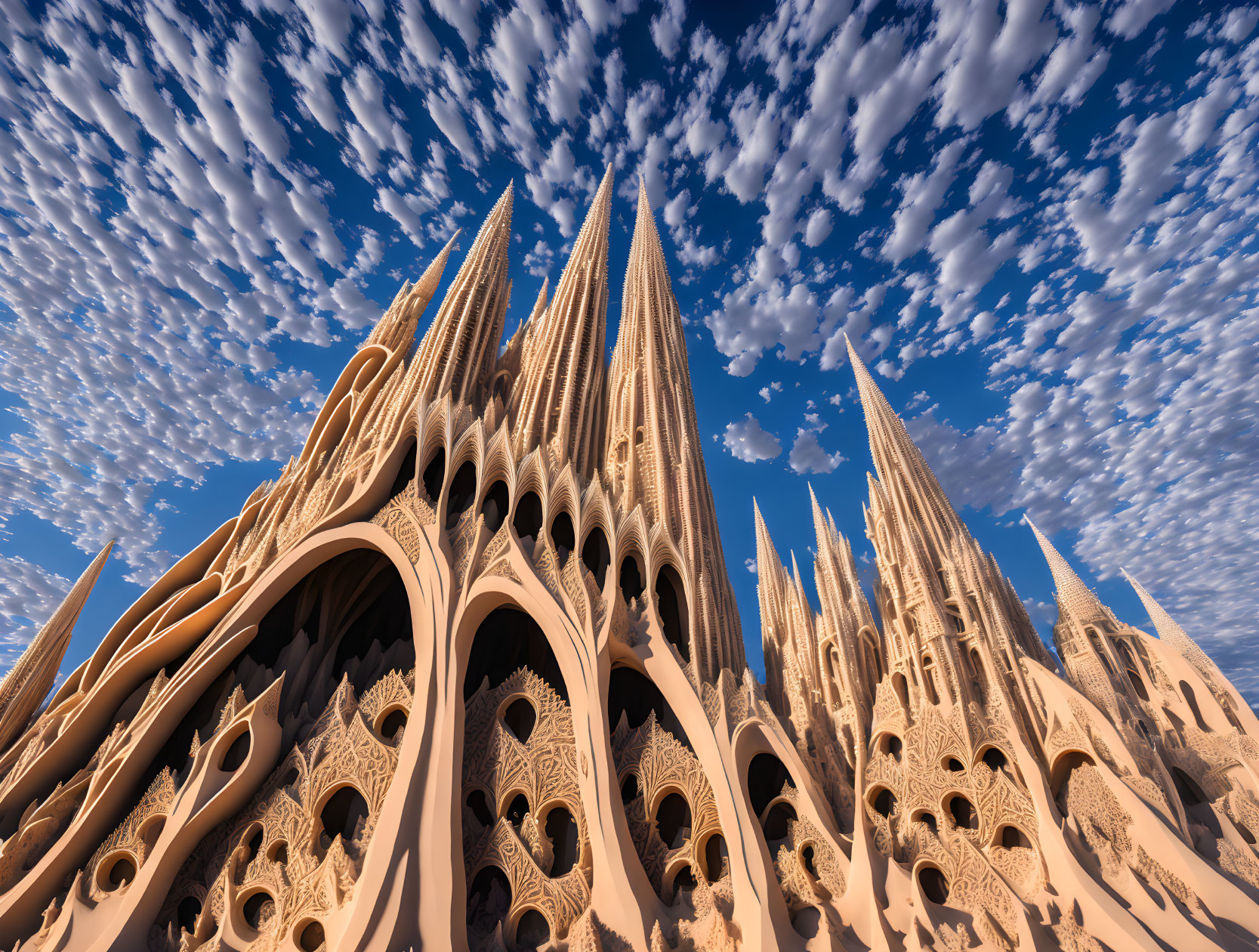 Ornate cathedral with towering spires under dramatic sky