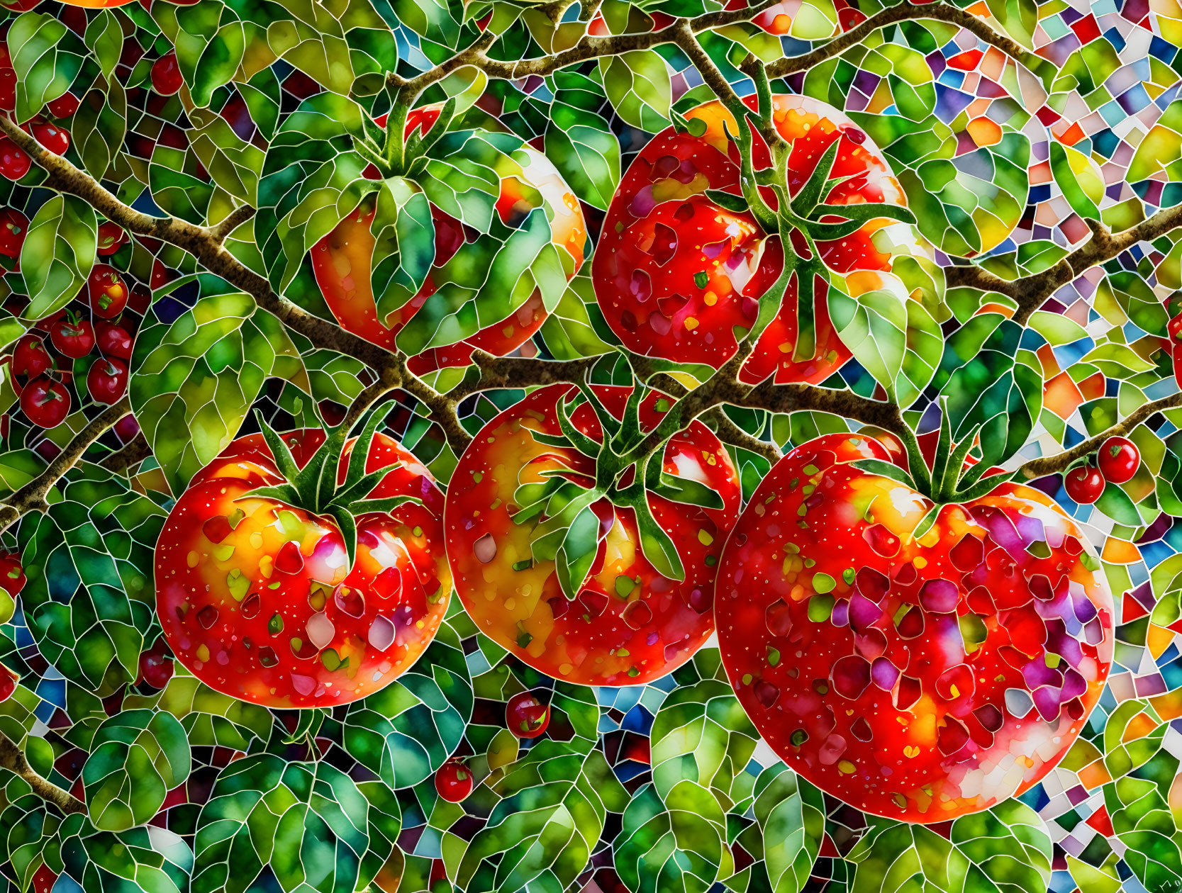 Vibrant mosaic art of red tomatoes on green branch