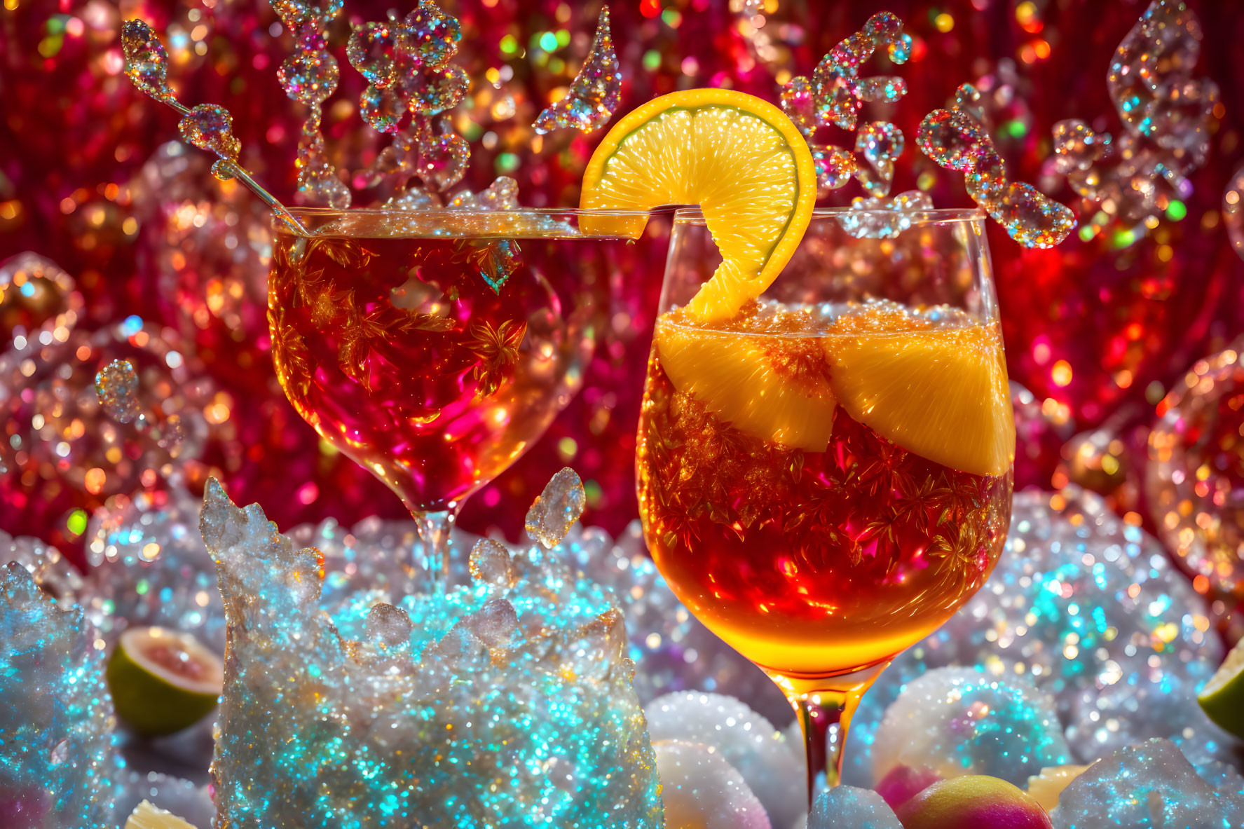 Sparkling Cocktails with Orange Slices on Shimmering Ice and Glowing Bokeh