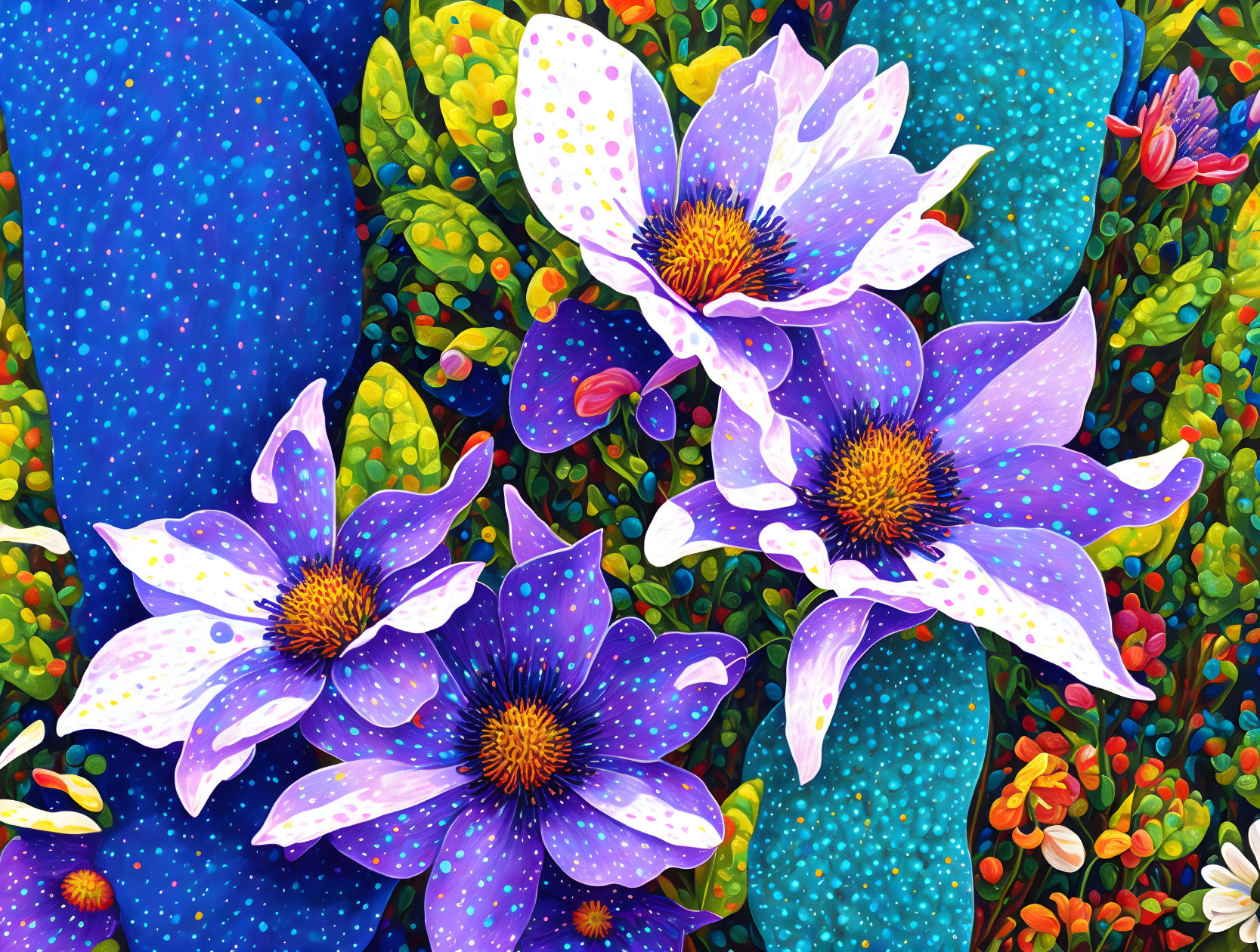 Colorful artwork: Large purple flowers with dotted petals in a vibrant mosaic of foliage.