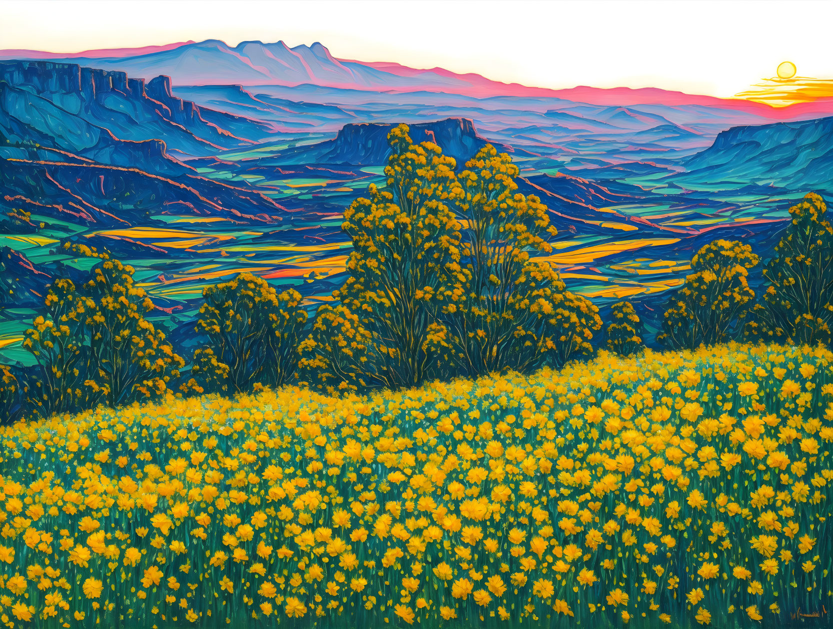 Vibrant painting of blooming yellow flower field with layered hills and twilight sky