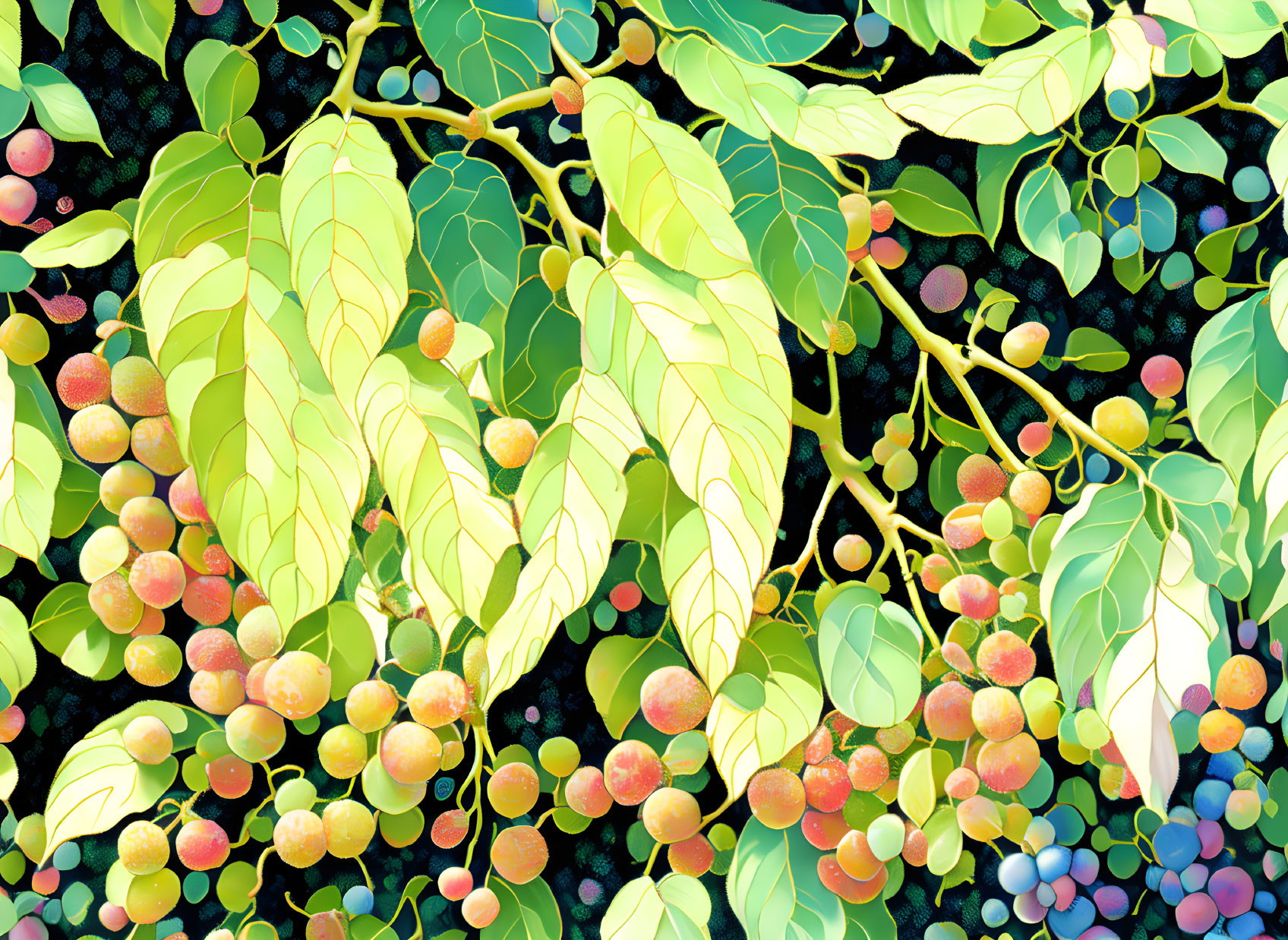 Colorful Fruit Tree Illustration with Yellow-Pink Fruits