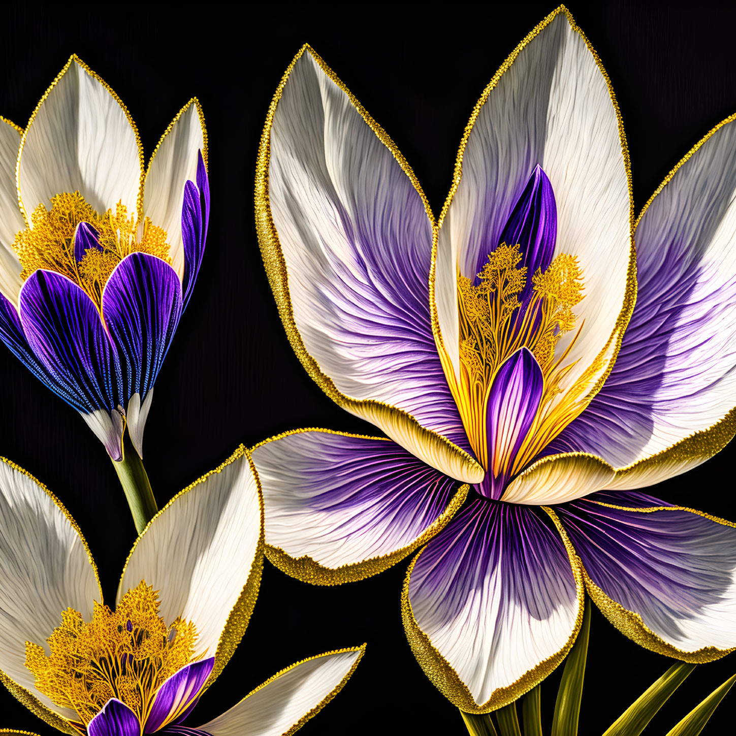 Stylized white and purple flowers with golden stamens on black background