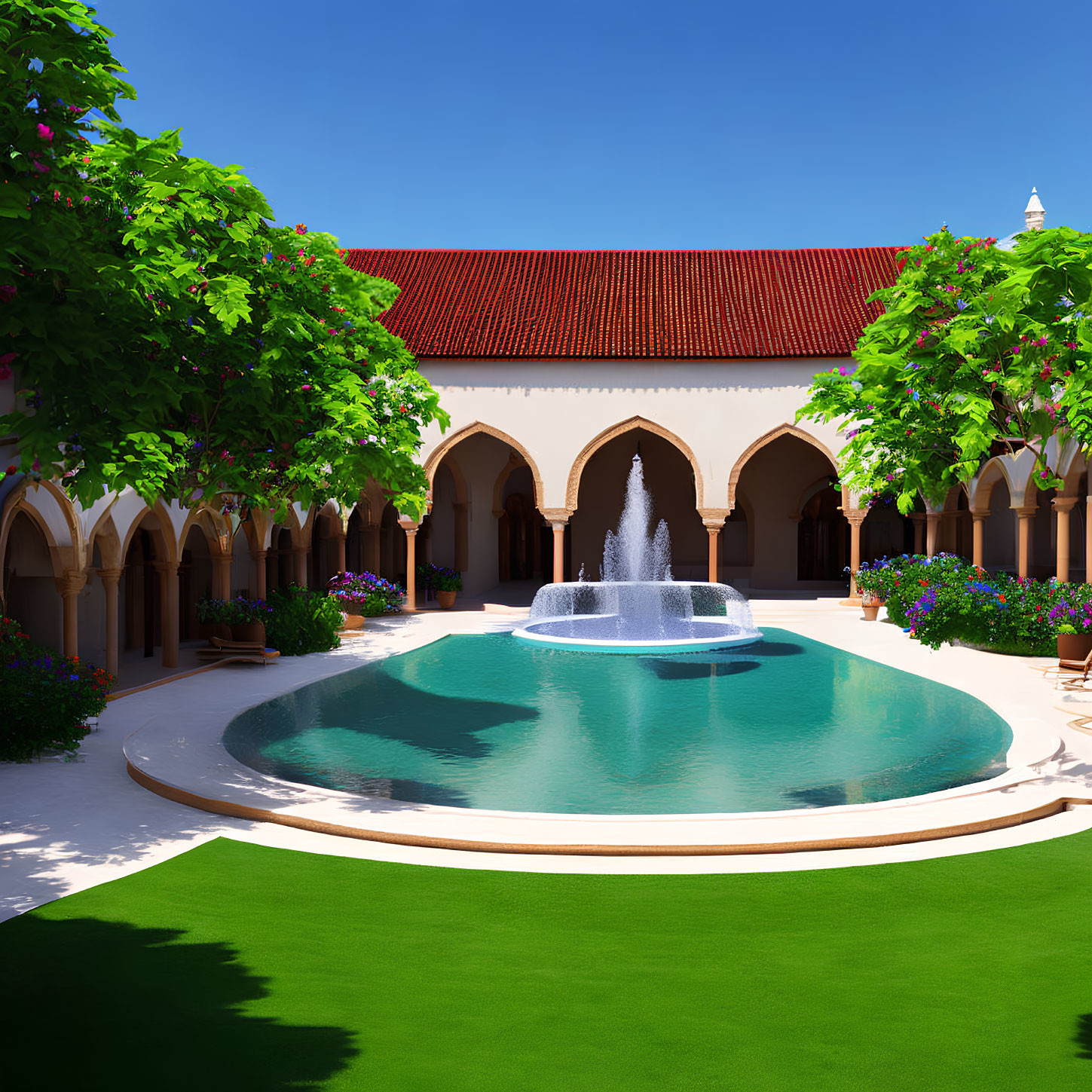 Tranquil courtyard with arches, lush garden, fountain under clear blue sky