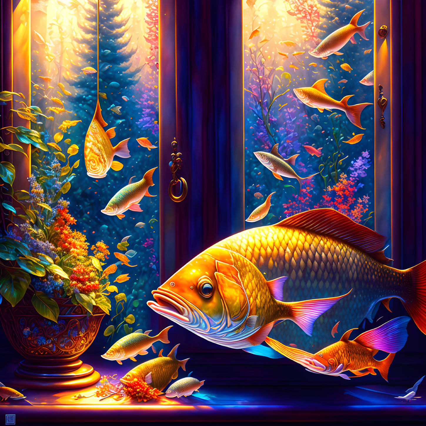 Colorful fish float in mid-air in room overlooking magical forest.