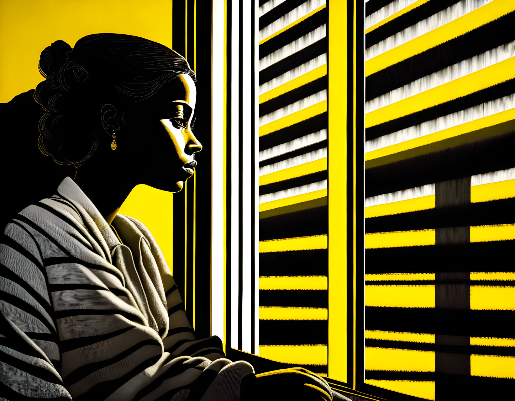 Female profile with hair tied back against black and yellow striped window