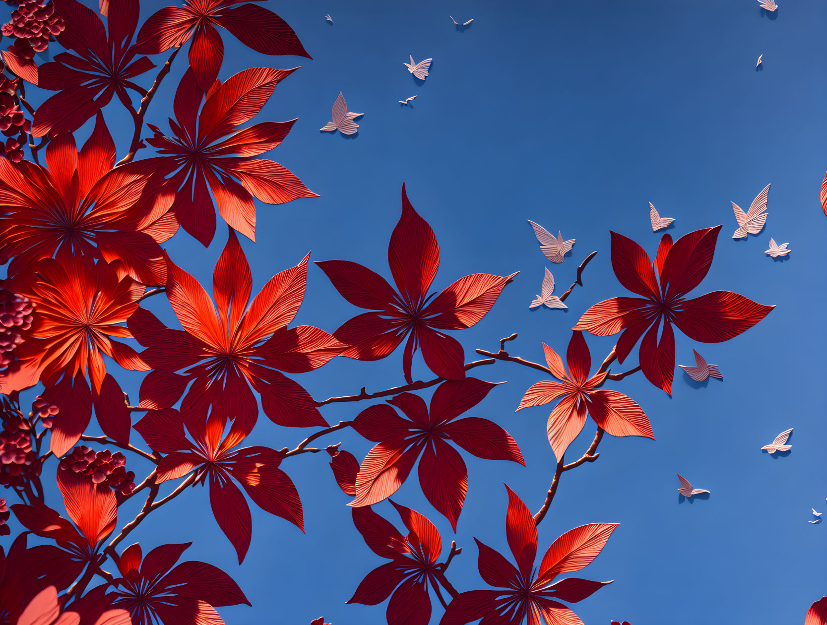 Vibrant red leaves and white butterflies in blue sky