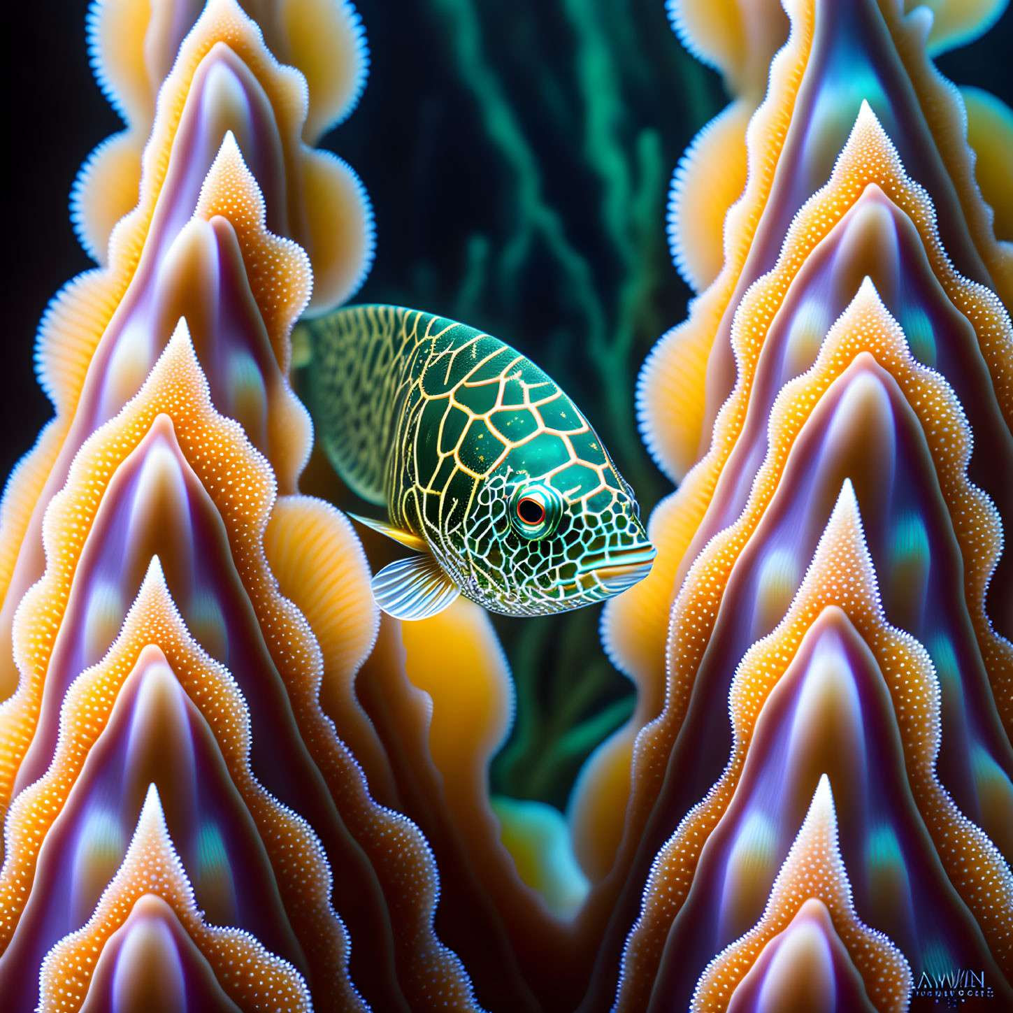 Colorful Fish Among Coral Tentacles in Underwater Scene