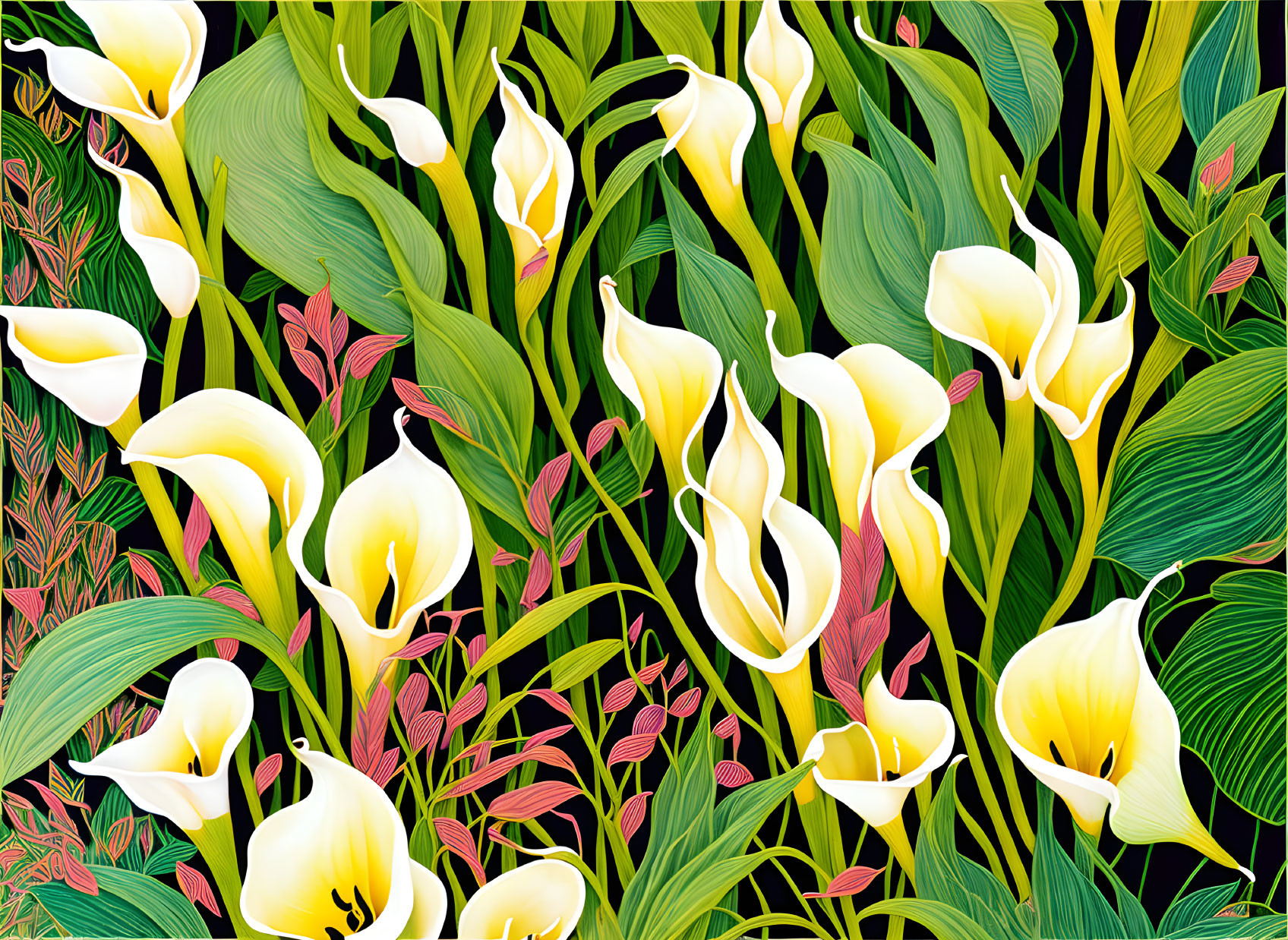 Colorful floral pattern with yellow calla lilies and pink leaves