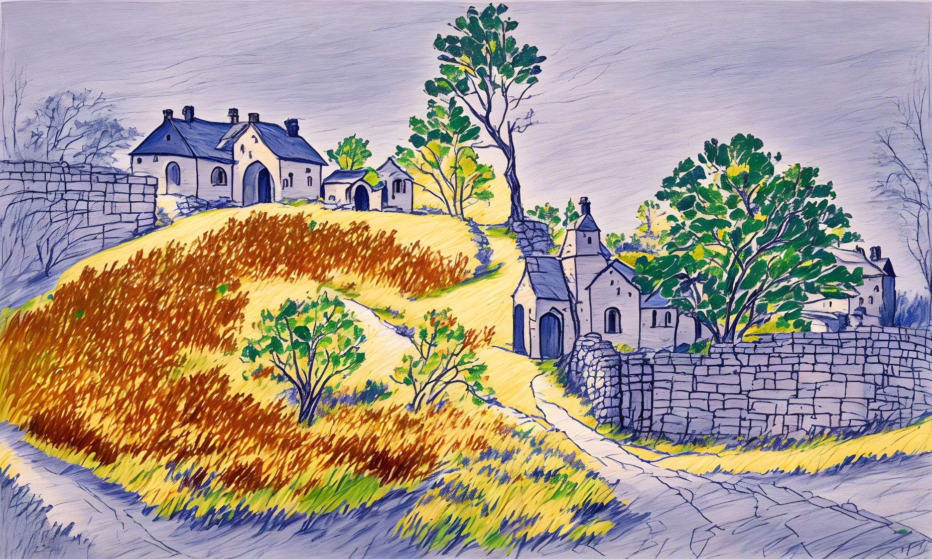 Vibrant rural landscape sketch with stone houses and green trees