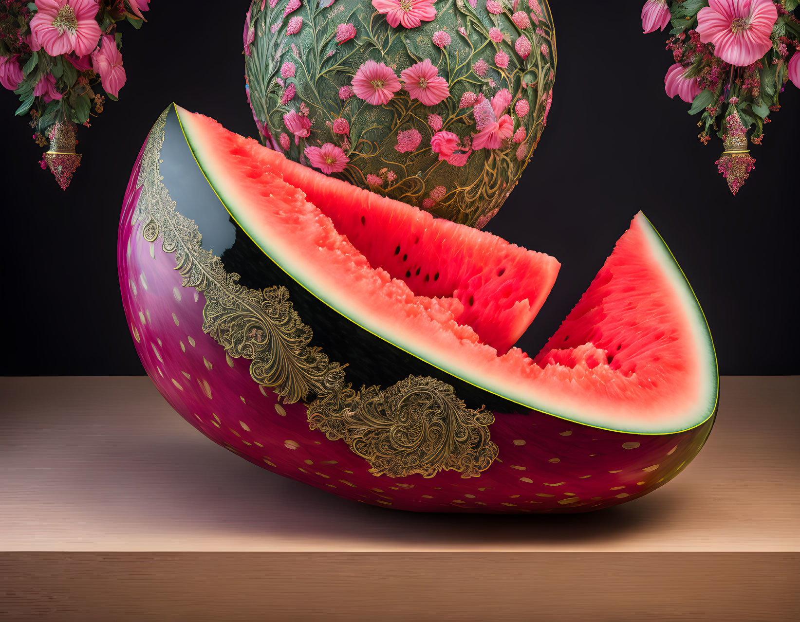 Watermelon Slice Decor and Pink Flowers on Wooden Table