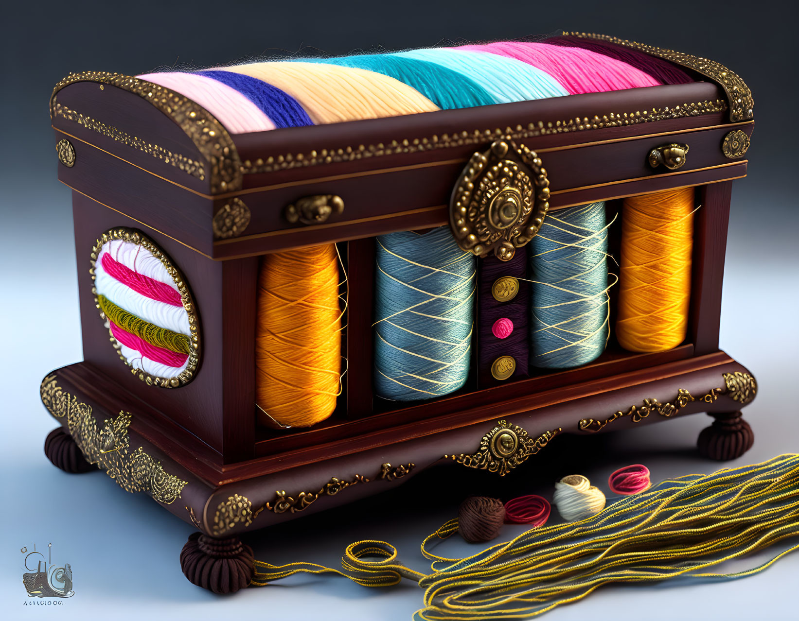 Wooden sewing box with colorful thread, buttons, needles, and metal handle