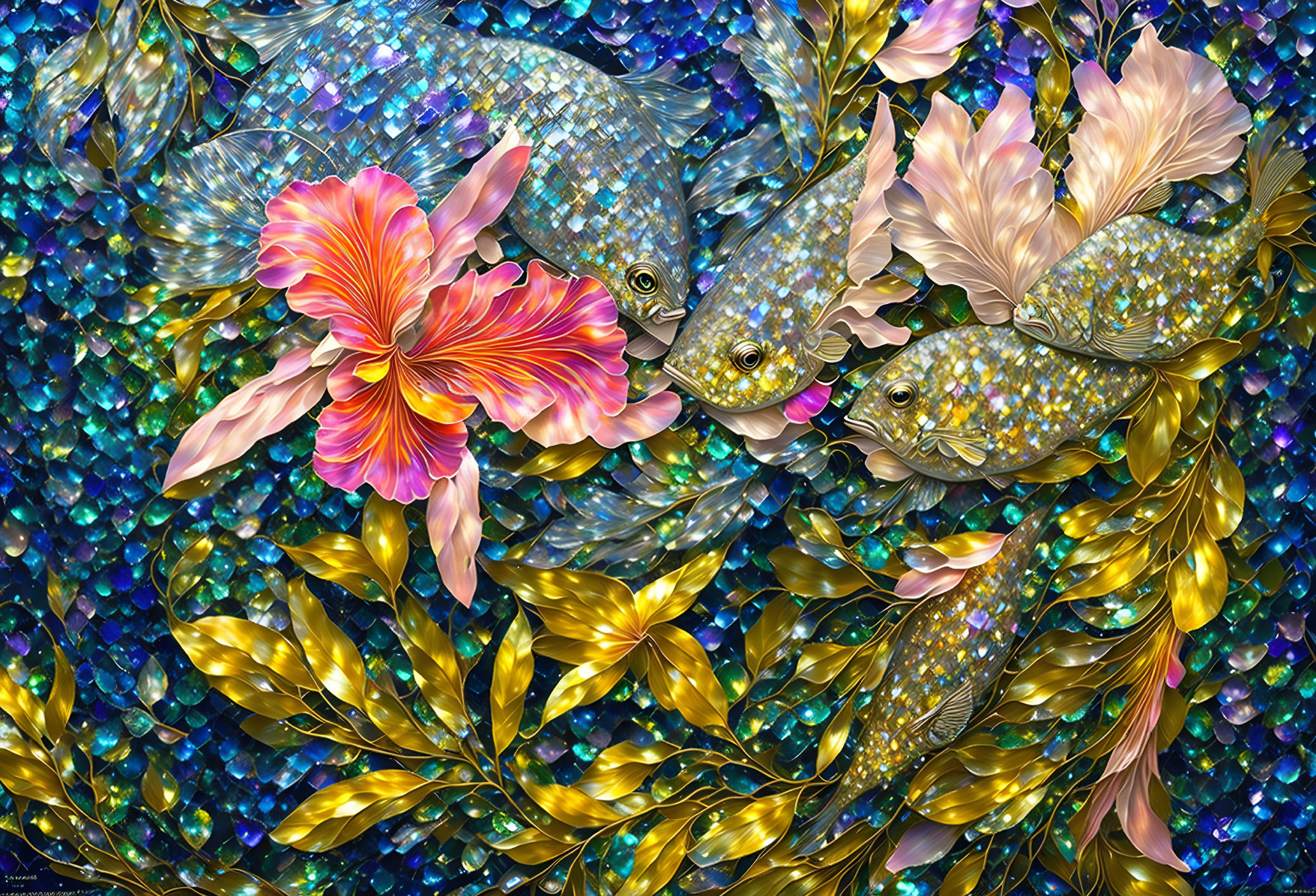 Colorful digital artwork: Ornate fish, sparkling scales, shimmering flora on blue background