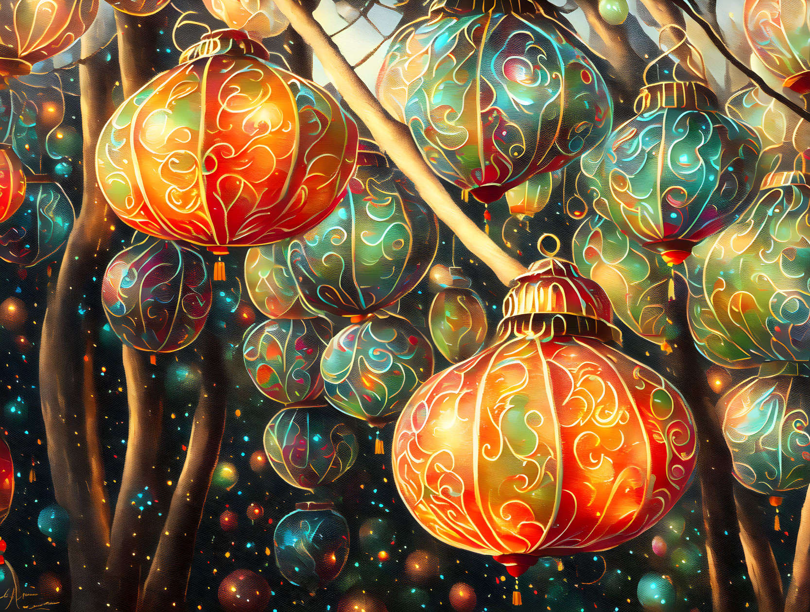 Vibrant Christmas baubles on tree branches with twinkling lights