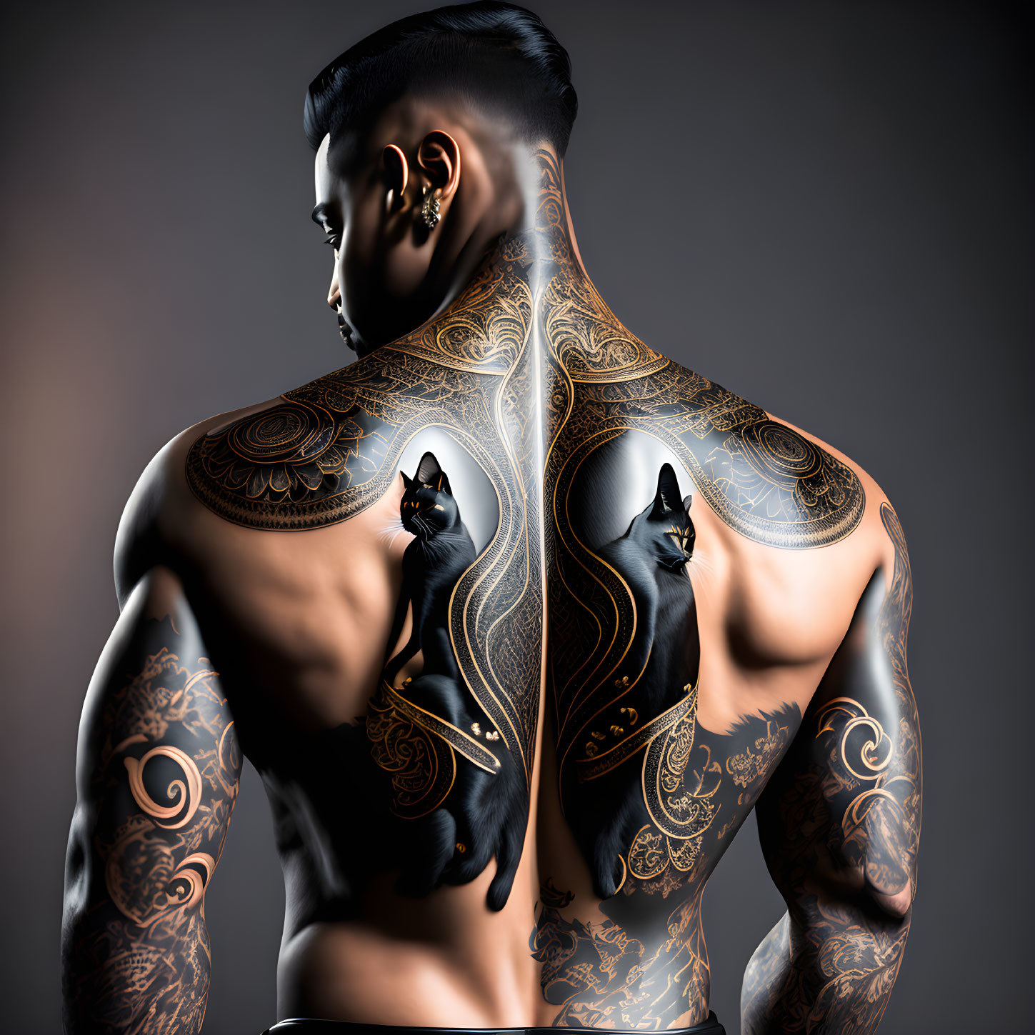 Muscular Person with Elaborate Back Tattoo of Intricate Patterns and Black Cats