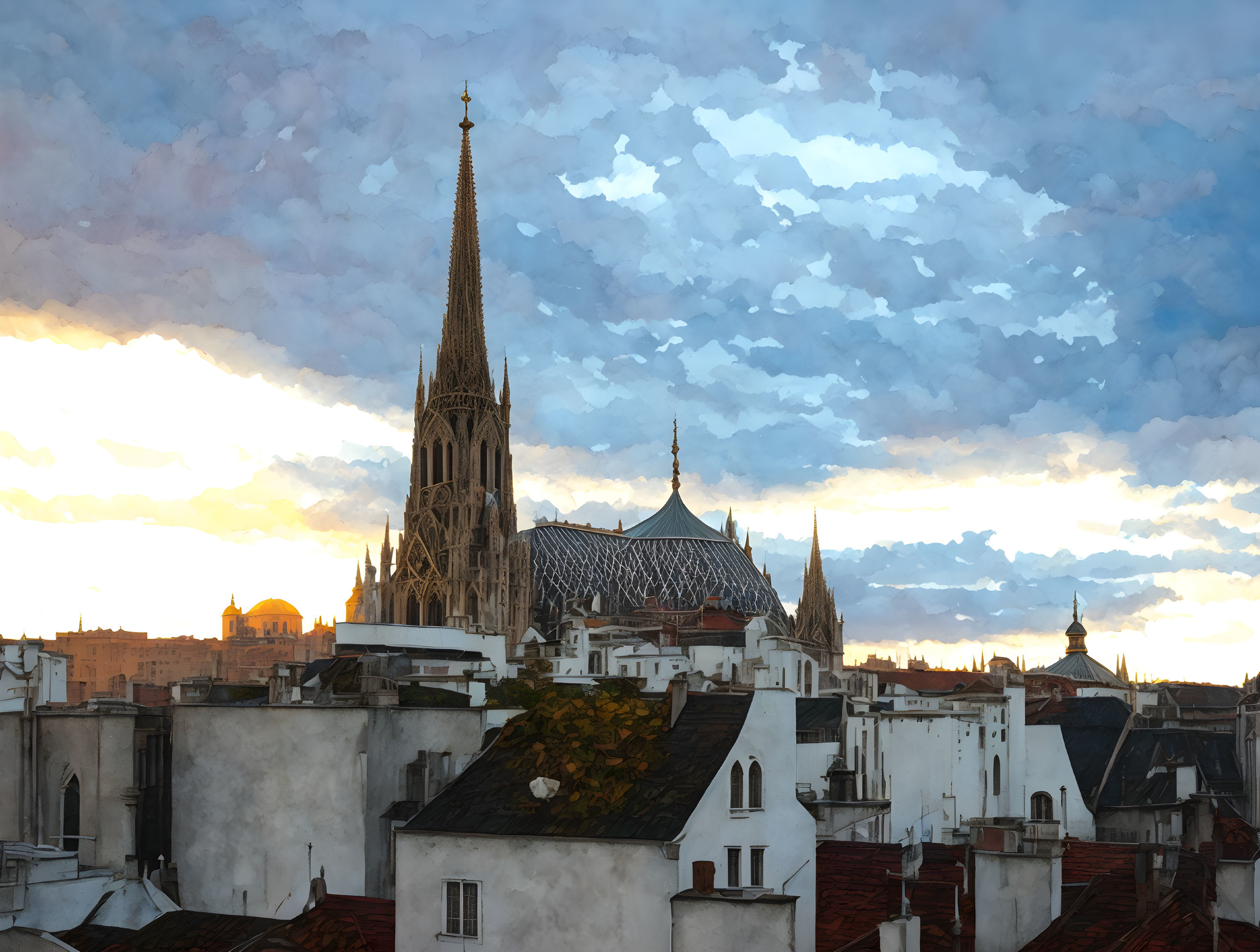 Gothic Cathedral Spire Over City Buildings at Sunset