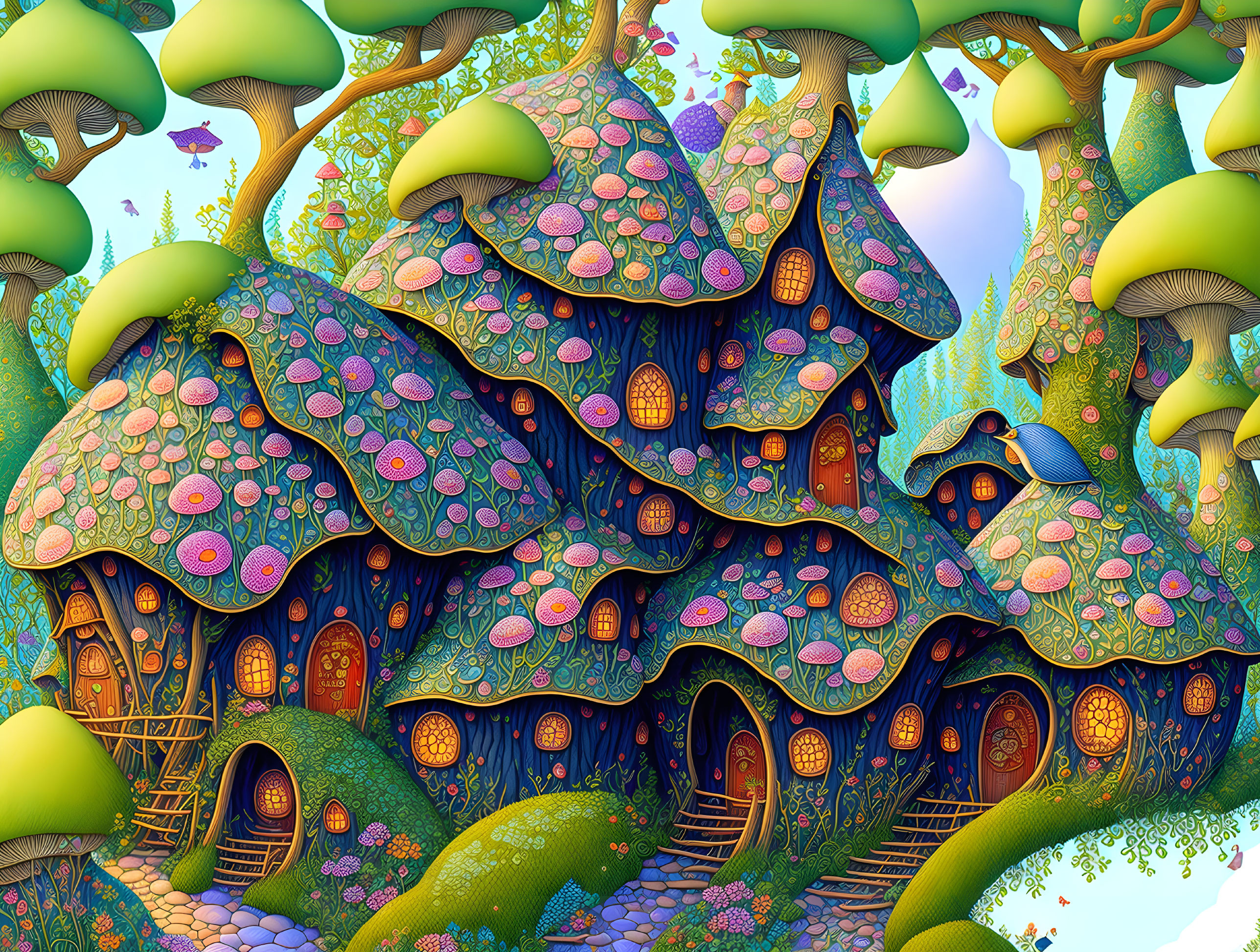 Colorful Illustration of Fantastical Treehouse Amid Whimsical Flora