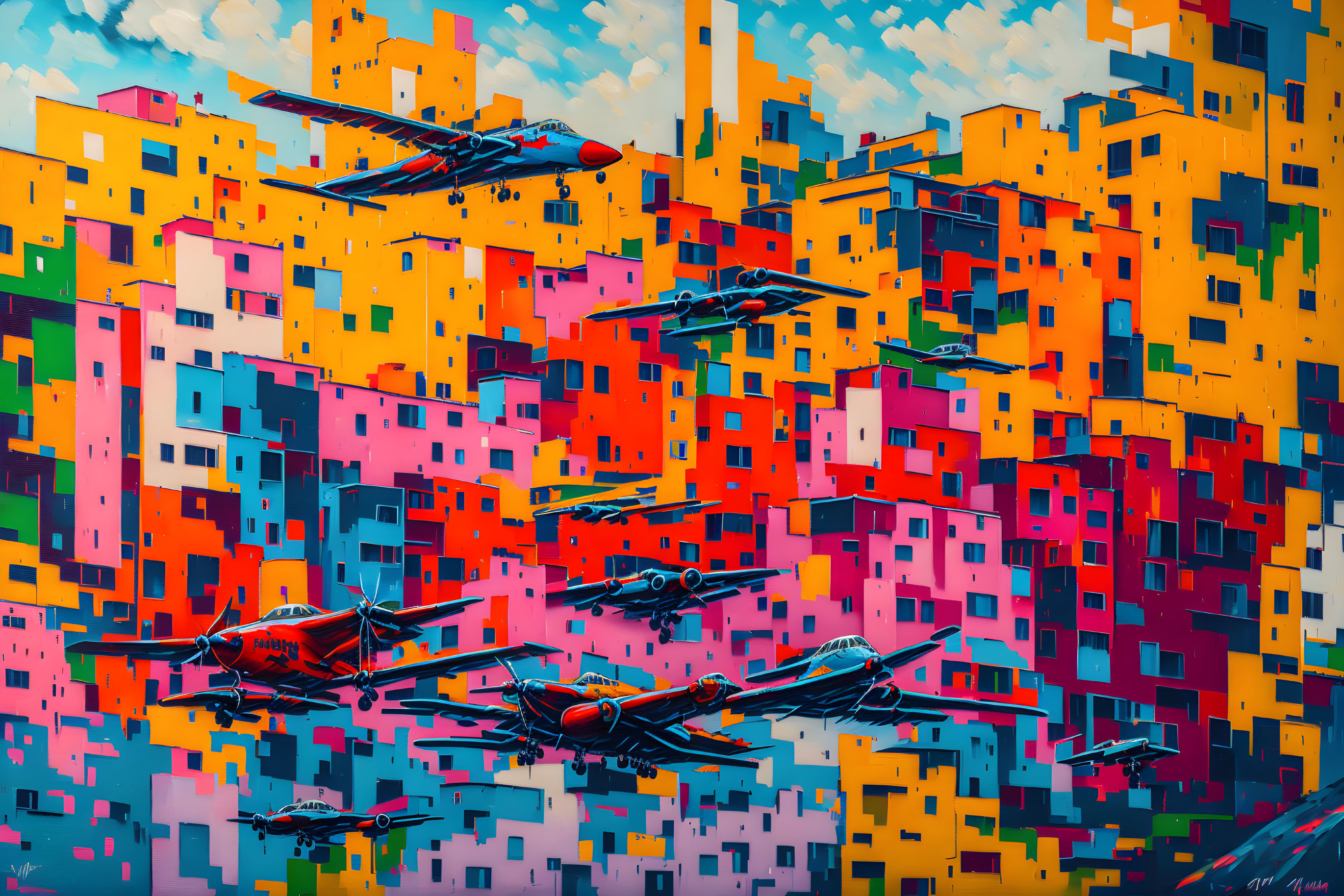 Colorful Abstract Cityscape with Airplanes in Yellow, Orange, Pink, and Blue