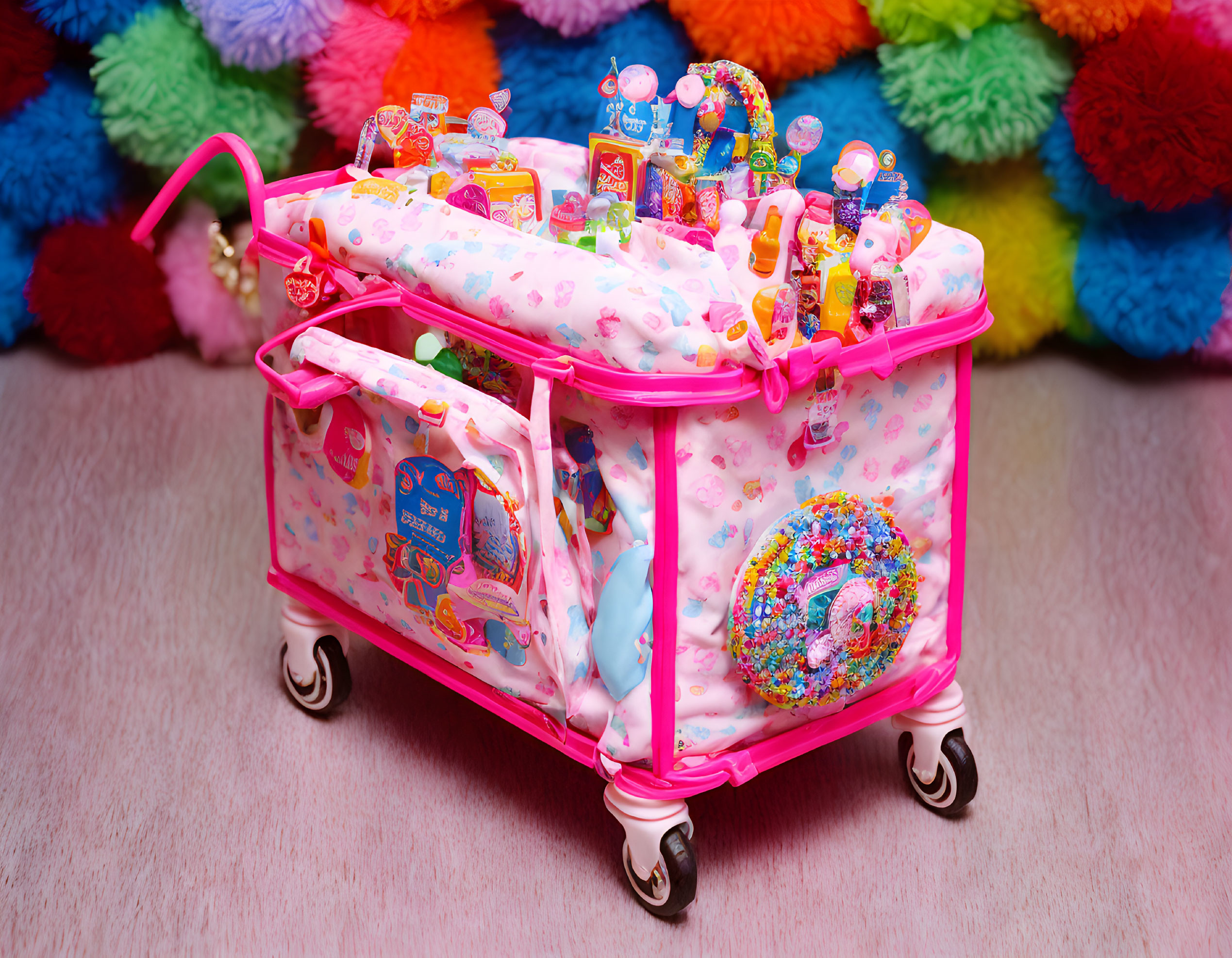 Toy shopping cart with colorful toys on fluffy ball backdrop